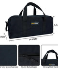 Black waxed canvas tool tote bag, 14 inch, with strong web handles and heavy duty zipper for electricians, plumbers, gardeners.