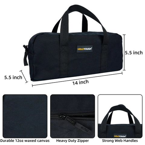 Black waxed canvas tool tote bag, 14 inch, with strong web handles and heavy duty zipper for electricians, plumbers, gardeners.