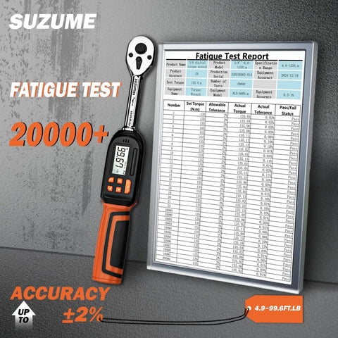 Digital Torque Wrench Three Eighths Inch Drive With Range From Four Point Nine To Ninety Nine Point Six Foot Pounds And Six Point Six To One Hundred Thirty Five Newton Meters Two Percent Accuracy Built For Pros And DIYers displayed with fatigue test report.