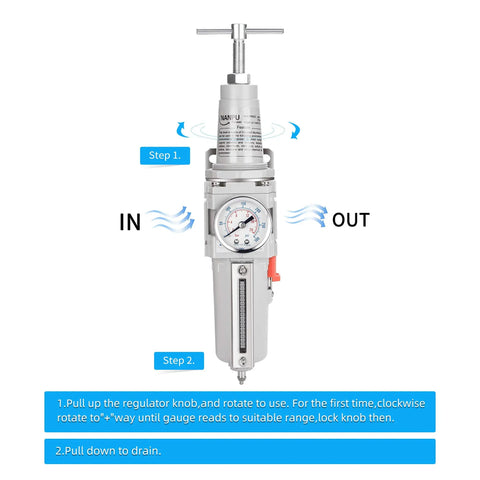 Front view of Half Inch NPT High Pressure Air Filter Regulator Combo with T Handle, semi-auto drain, and 0-300 psi gauge.