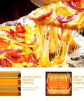 Close-up of a sliced pizza illustrating the 360 degree heating and up down balance heating features of the Stainless Steel Countertop Pizza Oven With Auto Shut Off, 12 Inch Capacity.