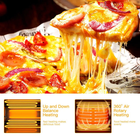 Close-up of a sliced pizza illustrating the 360 degree heating and up down balance heating features of the Stainless Steel Countertop Pizza Oven With Auto Shut Off, 12 Inch Capacity.