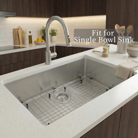 Premium Stainless Steel Sink Grid Protector For Single Kitchen Sink 28 3/8 By 15 3/8 Inches With Rear Drain Hole installed