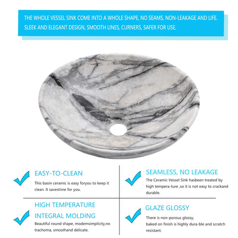 16 Inch Vessel Sink With Faucet For Bathroom Above Counter Marble Coated Porcelain Ceramic Oval Vanity Sink Modern Go To Lux Style With Pop Up Drain And Easy Install Fits 1 5 8 Inch To 1 3 4 Inch Drains, marble-pattern top view