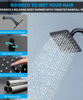 Matte Black Shower System With Push Button Diverter Easy Install Three Mode Rainfall Ceiling Mount 10 Inch Shower Head display