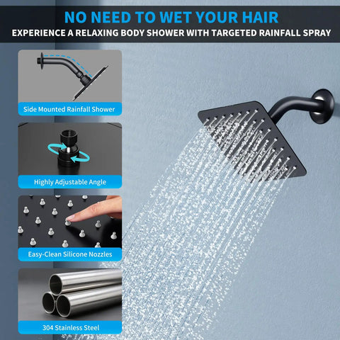 Matte Black Shower System With Push Button Diverter Easy Install Three Mode Rainfall Ceiling Mount 10 Inch Shower Head display