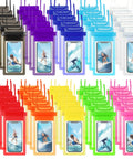 Colorful display of 50 Pack Clear Waterproof Phone Pouches with Adjustable Lanyards for beach and watersports use