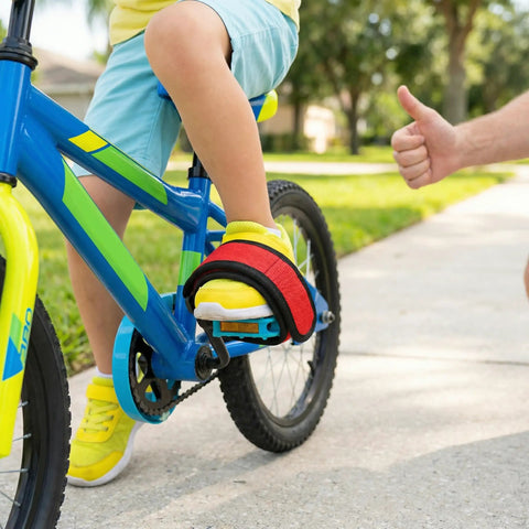 Child on a blue bike using Kids Bicycle Toe Clip Straps Set For Easy Install Pedal Footrest Durable Nylon Construction Kid Friendly Adjustable Fit Bike Pedal Accessory For Shoes And Slippers Perfect Foot Security And Comfort On Small Bikes