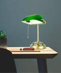 Morgan Antique Green LED Bankers Desk Lamp With Adjustable Arm, Energy Efficient Task Light, shown on a wooden desk.
