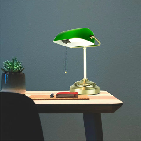 Morgan Antique Green LED Bankers Desk Lamp With Adjustable Arm, Energy Efficient Task Light, shown on a wooden desk.