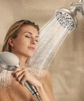 Tub And Shower Faucet Set With Rough In Valve, 2 In 1 Handheld And Rain Shower Head System in use, woman enjoying dual shower