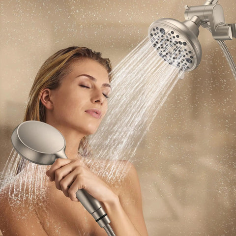Tub And Shower Faucet Set With Rough In Valve, 2 In 1 Handheld And Rain Shower Head System in use, woman enjoying dual shower