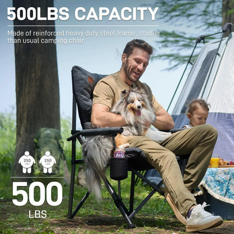 Oversized Padded Folding Camping Chair For Adults, Heavy Duty Portable Quad Chair, supports 500 lbs, man with dog outdoors
