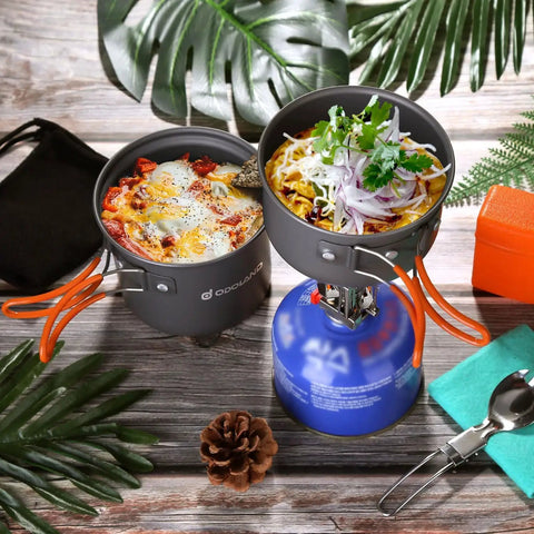 6-Piece Camping Cookware Mess Kit with Lightweight Aluminum Nonstick Pots on camp stove, spork and carry bag visible