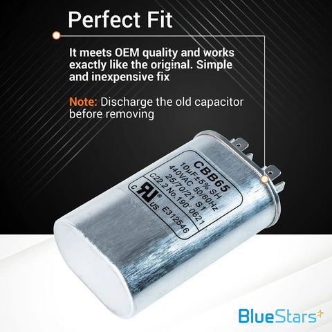 10uF Oval Run Start Capacitor for AC Motors and Fans 370-440V CBB65 Replacement Part, shown in silver with label and specifications.