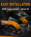 Person wearing yellow gloves working on a car engine with OEM replacement parts for easy installation.
