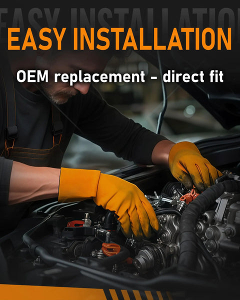 Person wearing yellow gloves working on a car engine with OEM replacement parts for easy installation.