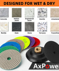 13 Pack 4 Inch Diamond Polishing Pads With Five Eighths Inch 11 Backer Pad Wet Dry Kit for Drill Grinder Polisher with samples of stone surfaces.