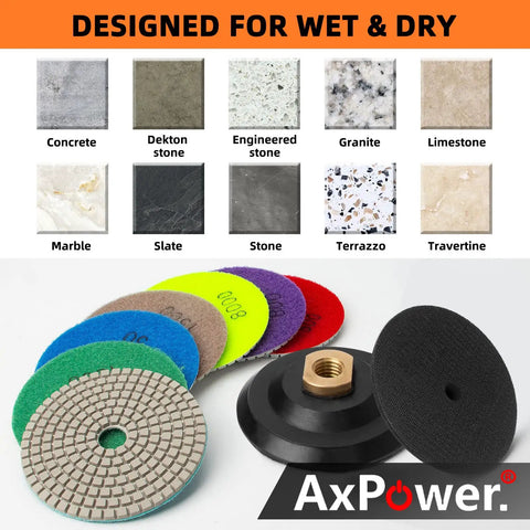 13 Pack 4 Inch Diamond Polishing Pads With Five Eighths Inch 11 Backer Pad Wet Dry Kit for Drill Grinder Polisher with samples of stone surfaces.