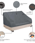 Diagram of Beefy Weatherproof Outdoor Loveseat Cover For 82.5 Inch Wide Sofa with features like vents and buckles, Gray Atmosphere