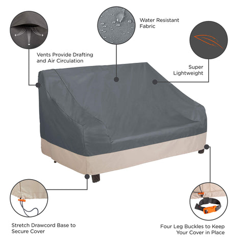 Diagram of Beefy Weatherproof Outdoor Loveseat Cover For 82.5 Inch Wide Sofa with features like vents and buckles, Gray Atmosphere