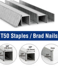 Heavy Duty Galvanized T50 Staples And 18 Gauge Brad Nails 7500 Count Bulk Packs with size options for DIY projects.