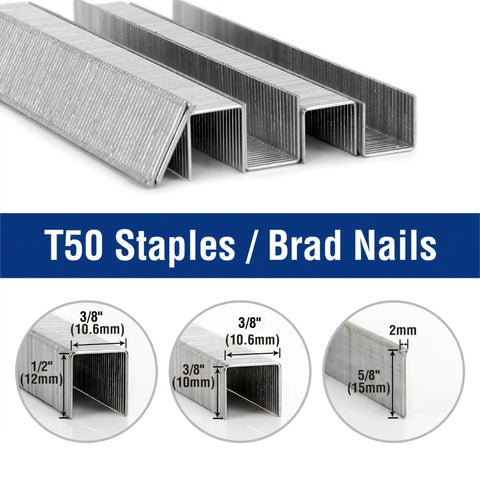 Heavy Duty Galvanized T50 Staples And 18 Gauge Brad Nails 7500 Count Bulk Packs with size options for DIY projects.