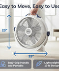 Person carrying 20 Inch High Velocity Floor Fan With Three Speeds And 360 Degree Airflow, Portable Air Circulator For Home, Garage And Workshop, Fully Assembled In Gray