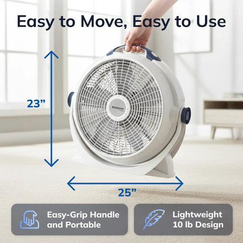 Person carrying 20 Inch High Velocity Floor Fan With Three Speeds And 360 Degree Airflow, Portable Air Circulator For Home, Garage And Workshop, Fully Assembled In Gray