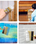 Collage of All In One Deck Stain And Sealer Block Paint Brush Set used on wood, walls, and fences with 4-inch brush in action