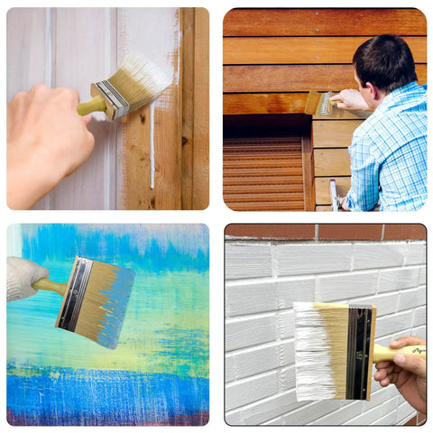 Collage of All In One Deck Stain And Sealer Block Paint Brush Set used on wood, walls, and fences with 4-inch brush in action