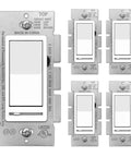 Five Pack Dimmer Switches For Single Pole Or 3 Way Installations, Universal Compatibility With Dimmable LED CFL Incandescent And Halogen Bulbs, No Neutral Wire Needed, 120VAC UL Listed, White Slide Dimmer With Side Adjustment For Flicker Fix, front view.