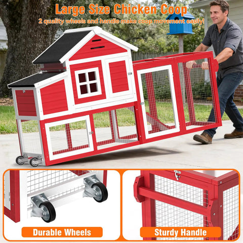 Mobile Chicken Coop On Wheels For Four To Six Chickens Yard Ready Outdoor Wooden Hen House with red design and wheels.