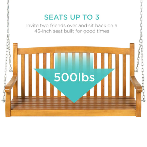 48 Inch Wood Porch Swing For Outdoor Patio Hanging Bench Chair For Deck, Garden, And Yard With Mounting Chains, Curved Back Design, Heavy Duty 500 Pound Weight Capacity, Brown, displayed with 500 lbs capacity