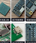 Close-up of electronic components and PCBs with Easy To Use Desoldering Wick And No Clean Flux Paste Kit For Electronics Repair 20g.