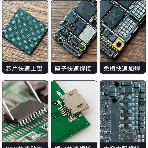 Close-up of electronic components and PCBs with Easy To Use Desoldering Wick And No Clean Flux Paste Kit For Electronics Repair 20g.