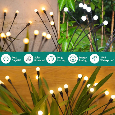 Solar Firefly String Lights Waterproof Outdoor Decor For Yard, Patio, And Pathways, Lit Warm White LEDs on branches