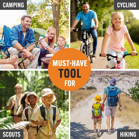 People enjoying camping, cycling, scouting, and hiking, highlighting the engraved fifteen in one multitool and keychain set usage.