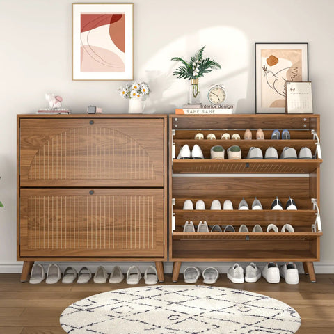 Slim Walnut Wood No-Fuss Shoe Storage Cabinet With Two Flip Drawers for Entryway, fluted panel doors, filled with shoes.