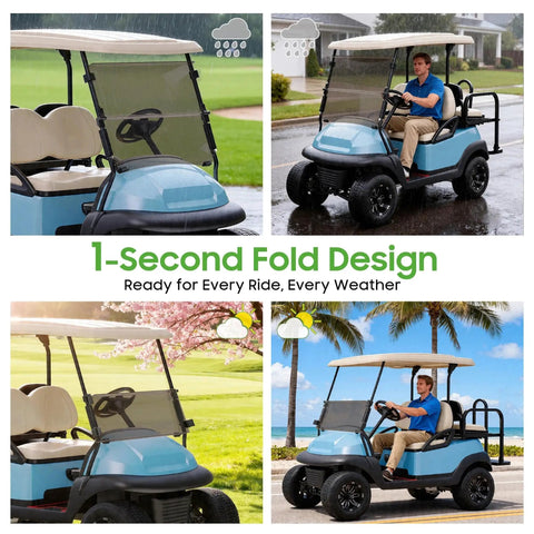 Heavy Duty Top Tier Golf Cart Windshield For Club Car Precedent shown on golf cart protecting from rain and sun.