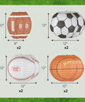 8 Pack 12 Inch Sports Paper Lanterns Set for Party Decor Includes Soccer Ball Basketball Baseball American Football and Japanese Hanging Lanterns Reusable Game Day Birthday Favors for Kids featuring ball designs.