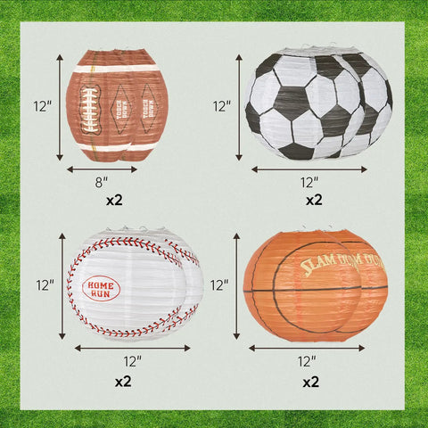 8 Pack 12 Inch Sports Paper Lanterns Set for Party Decor Includes Soccer Ball Basketball Baseball American Football and Japanese Hanging Lanterns Reusable Game Day Birthday Favors for Kids featuring ball designs.