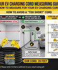 20Ft EV Charger Adapter Cord From NEMA 10-30P To 14-50R For Old Dryer Outlet To EV Charging Not For RV 24A Continuous Max Level 2 Charging For Tesla Model 3 Y S X ETL Listed measuring guide with 20-foot length, yellow plug, and step-by-step instructions visible