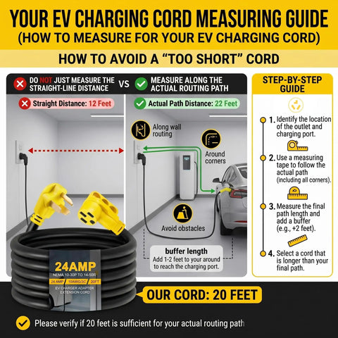 20Ft EV Charger Adapter Cord From NEMA 10-30P To 14-50R For Old Dryer Outlet To EV Charging Not For RV 24A Continuous Max Level 2 Charging For Tesla Model 3 Y S X ETL Listed measuring guide with 20-foot length, yellow plug, and step-by-step instructions visible