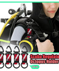 Diver with 4 Pack Scuba Octo Holder With Clip And Silicone Mouthpiece Keeper For Regulator And Octopus attached to BCD