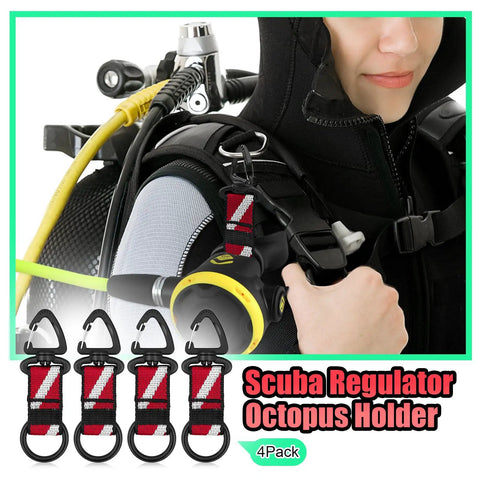 Diver with 4 Pack Scuba Octo Holder With Clip And Silicone Mouthpiece Keeper For Regulator And Octopus attached to BCD
