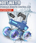 3 In 1 Amphibious RC Car Boat And Water Gun Set splashing in water with remote controls, blue design for outdoor fun