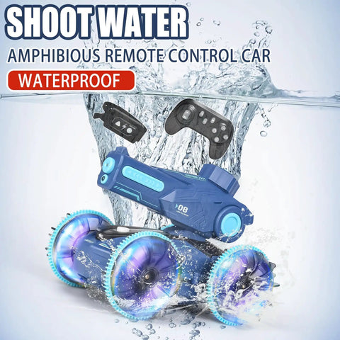 3 In 1 Amphibious RC Car Boat And Water Gun Set splashing in water with remote controls, blue design for outdoor fun