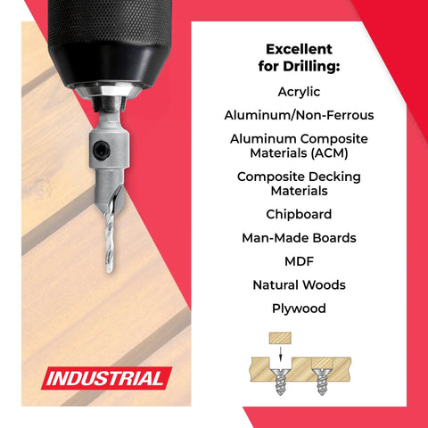 Heavy Duty Top Shelf Countersink Drill Bit 1/4 Quick Release Hex Shank 82 Degree Taper 49 Degree Pilot Hole Dead On Precision for wood screws and materials.