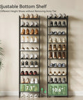 Heavy Duty Ten Tier Metal Shoe Rack Holds Up To Twenty Two Pairs Tall Slim Entryway Organizer With Adjustable Bottom Shelf and shoes in height-adjustable shelves.